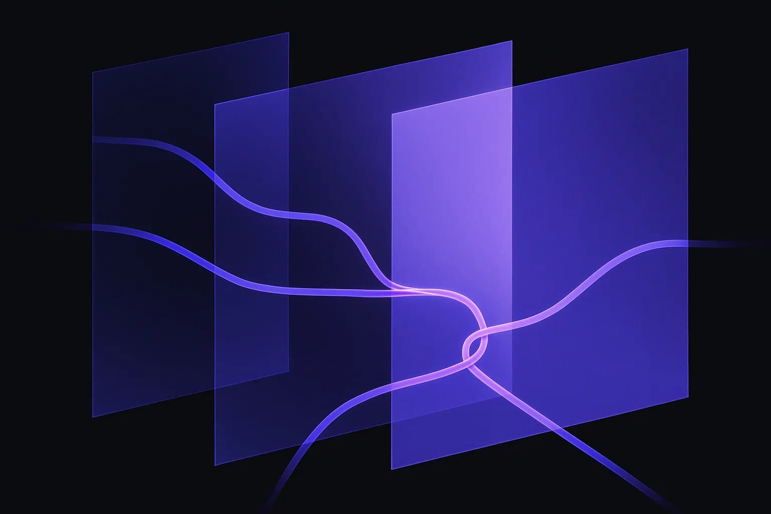 Abstrakte Linien, die durch mehrere versetzte Rahmen laufen und an einem gemeinsamen Prüfpunkt zusammenkommen