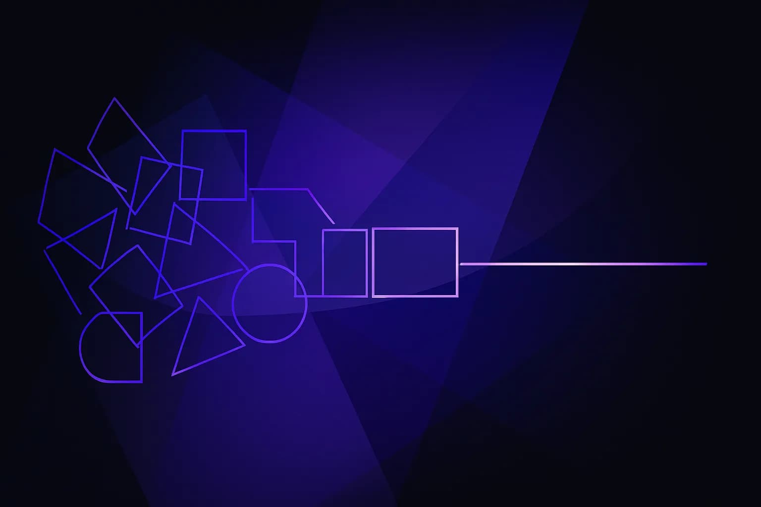 Abstract shapes converging from scattered outlines into one steady, flowing line that moves forward