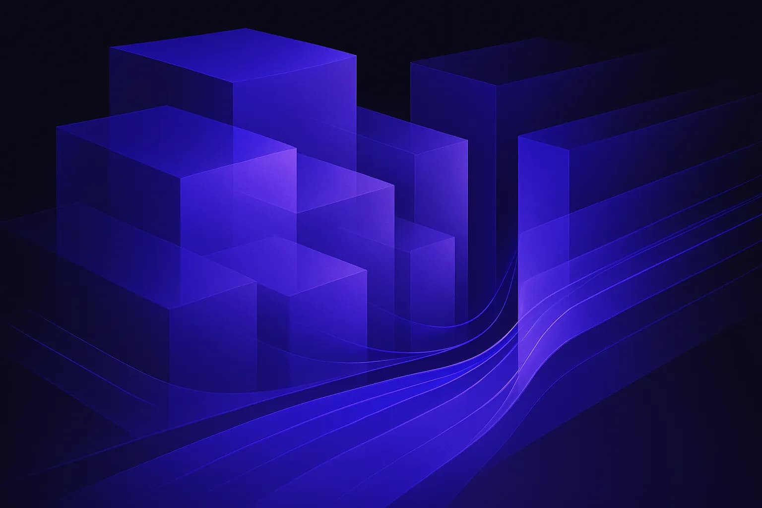 Abstract stacked blocks linked by thin flowing lines that converge through a single narrow checkpoint