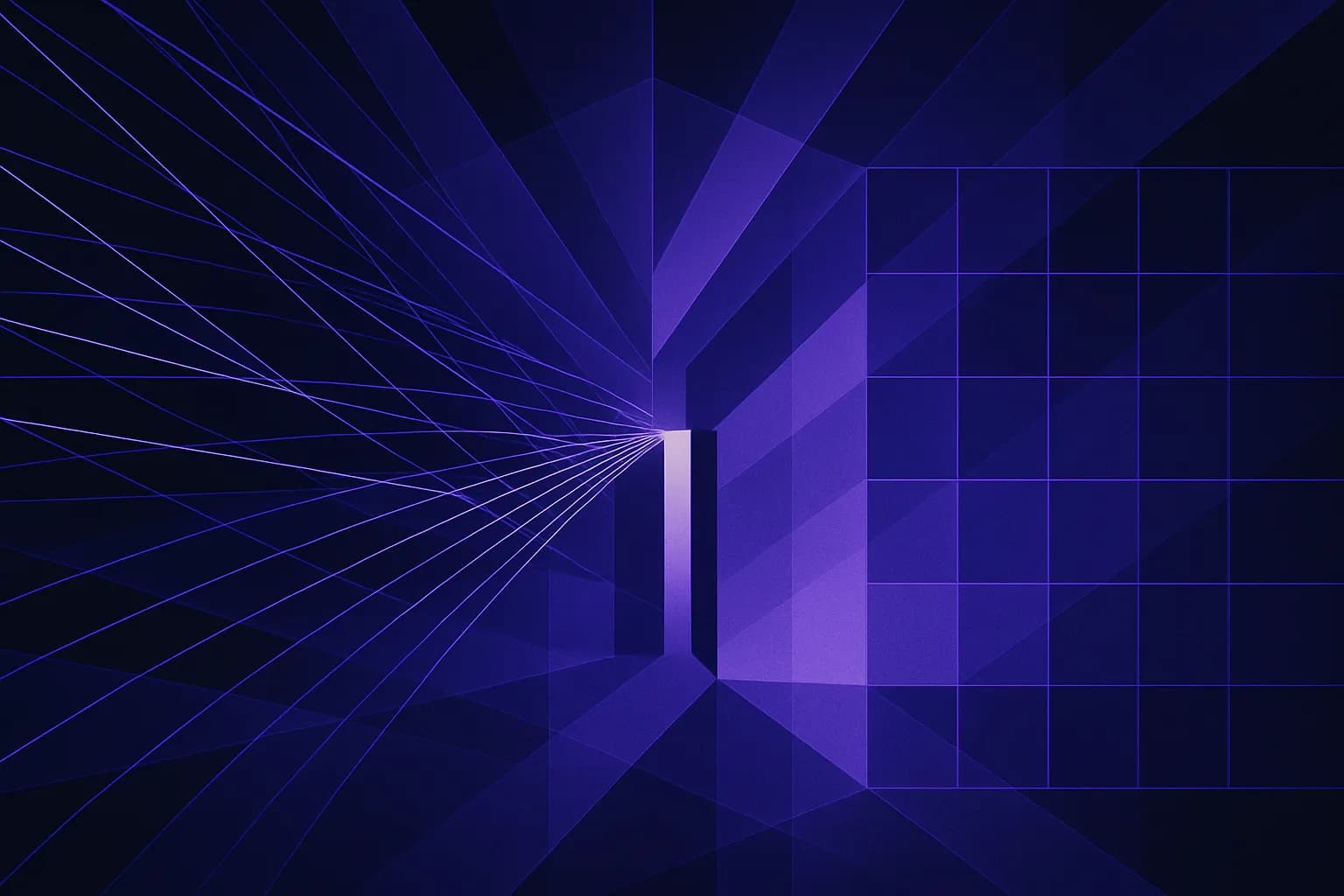 Abstract lines converging through a narrow gateway into an ordered grid of blocks, suggesting controlled access
