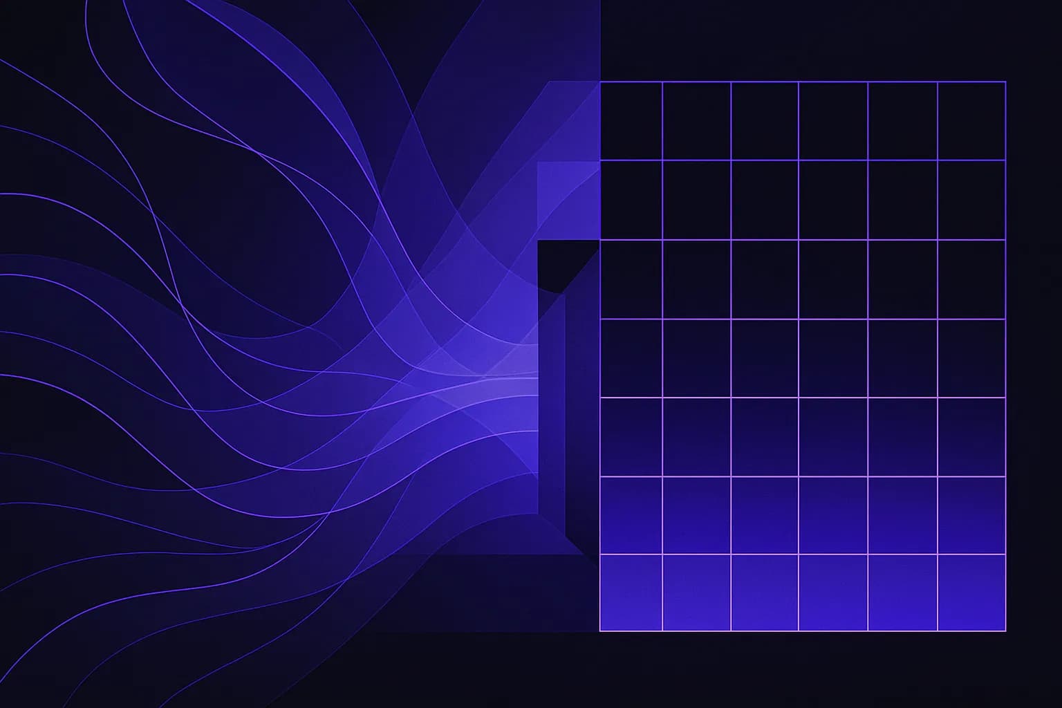 Abstract composition of text blocks flowing into a fixed grid of aligned cells, with a single gate at the end
