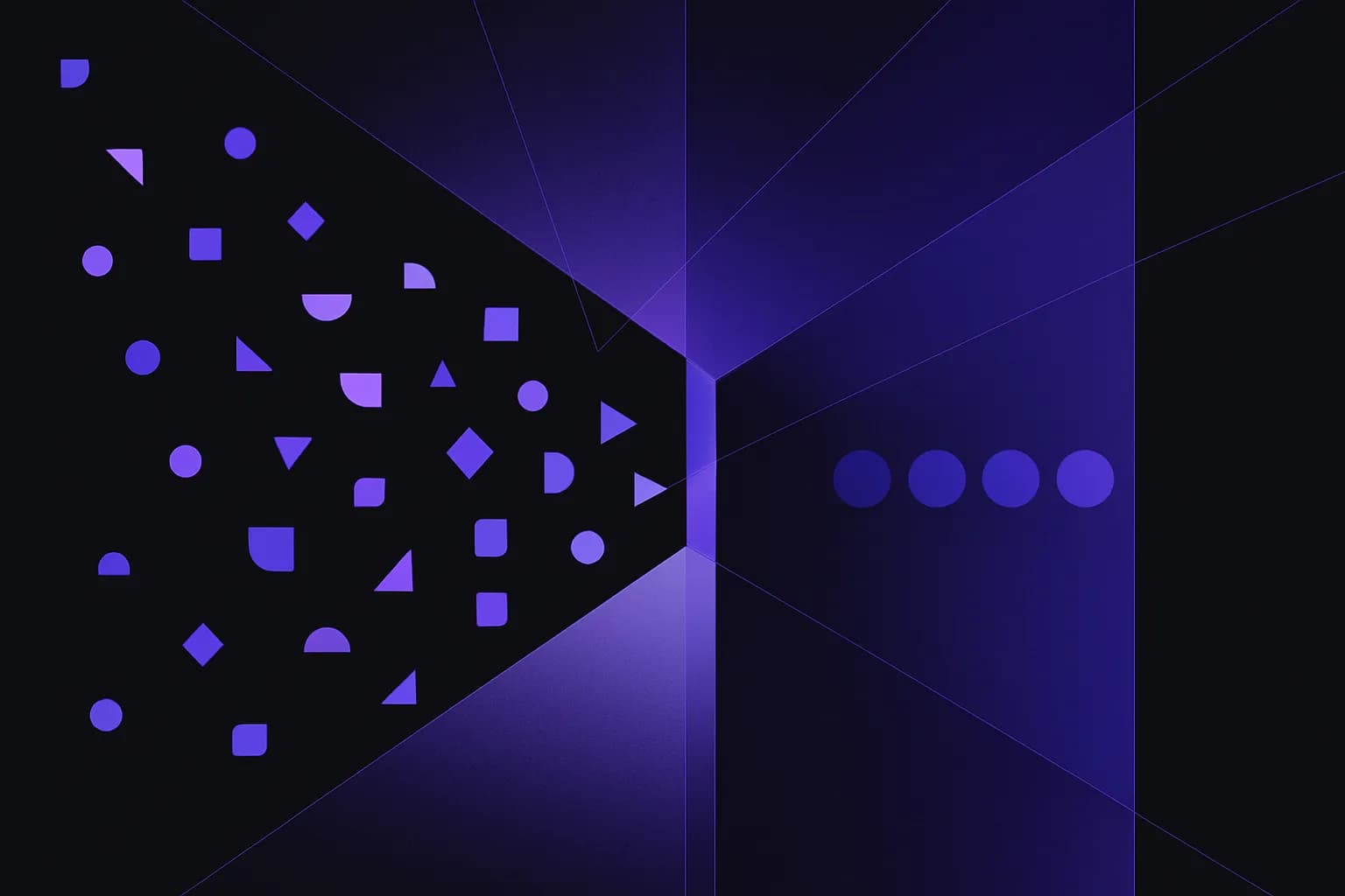 Abstract flow of small blocks passing through a single gate and returning as ordered, labelled shapes