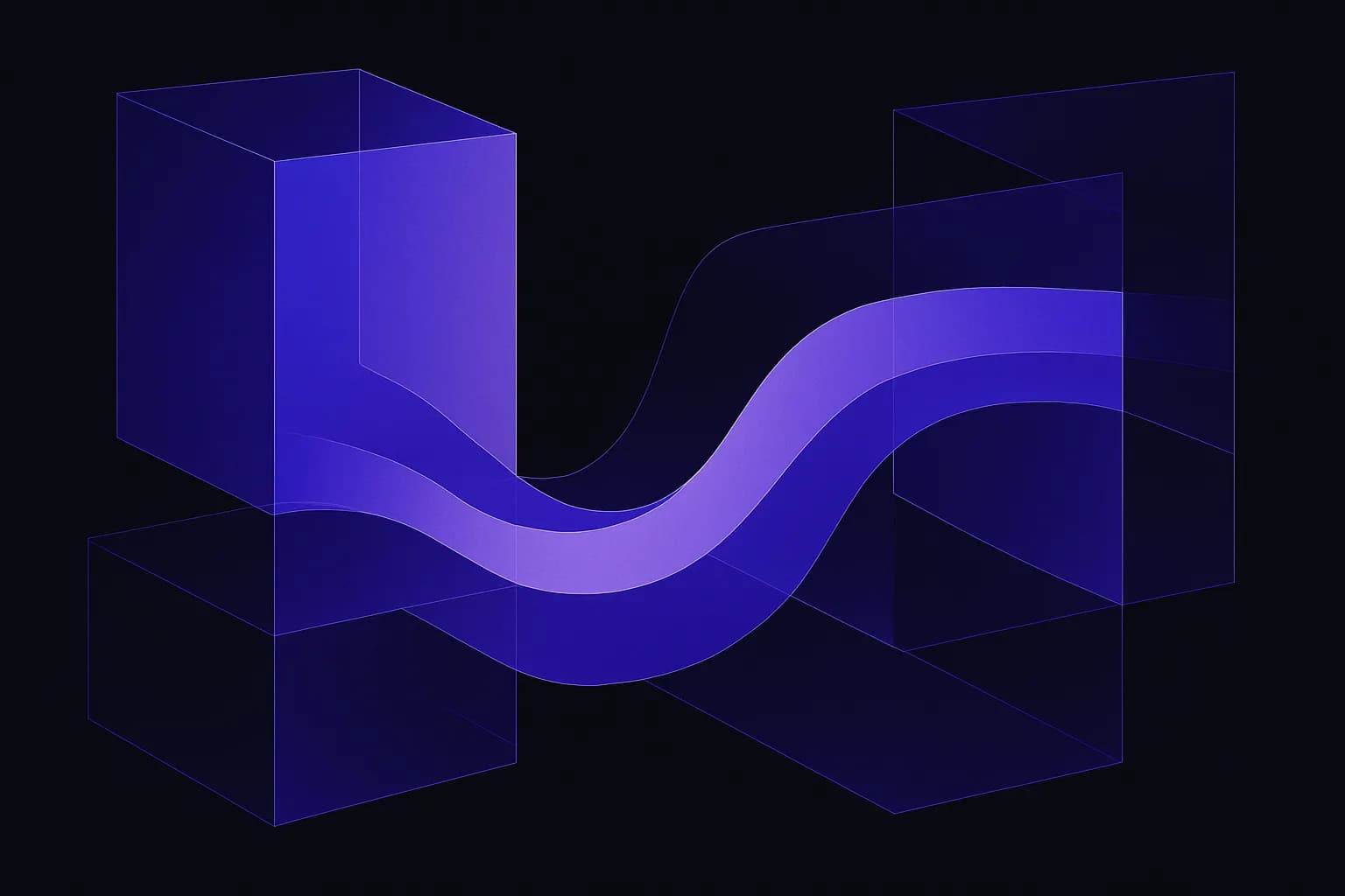 Abstract lines flowing from several separate blocks into one shared channel, suggesting connected systems