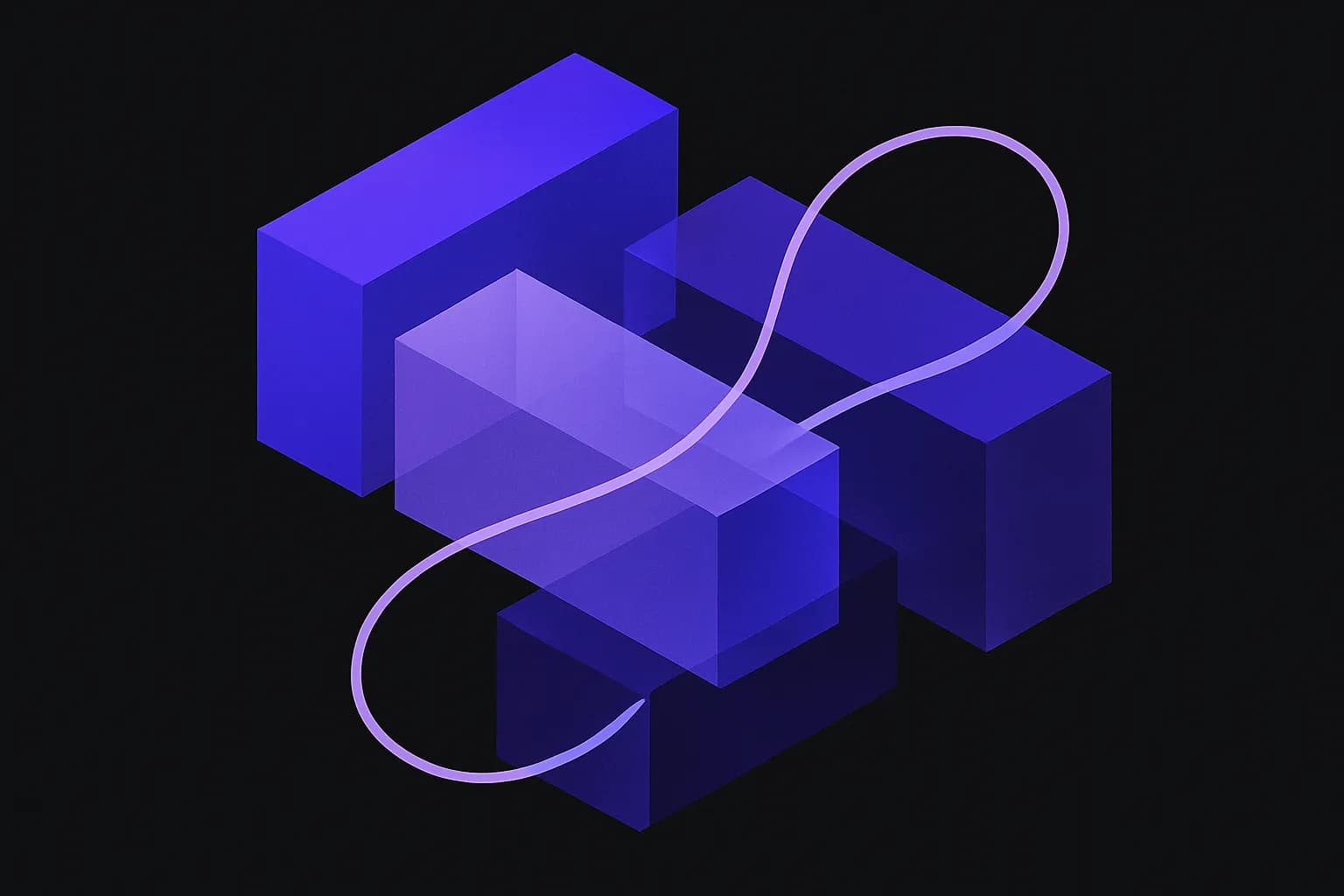 Abstract cover with interlocking blocks and a flowing line passing between them in a steady loop