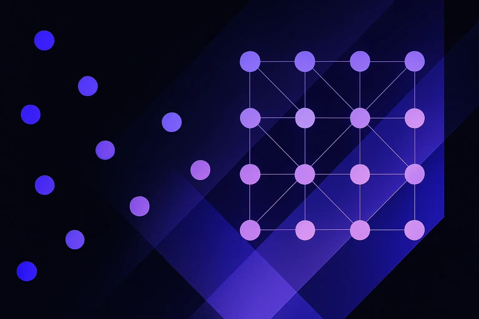 Abstract cover with separate small circles drawing together into one shared, structured grid