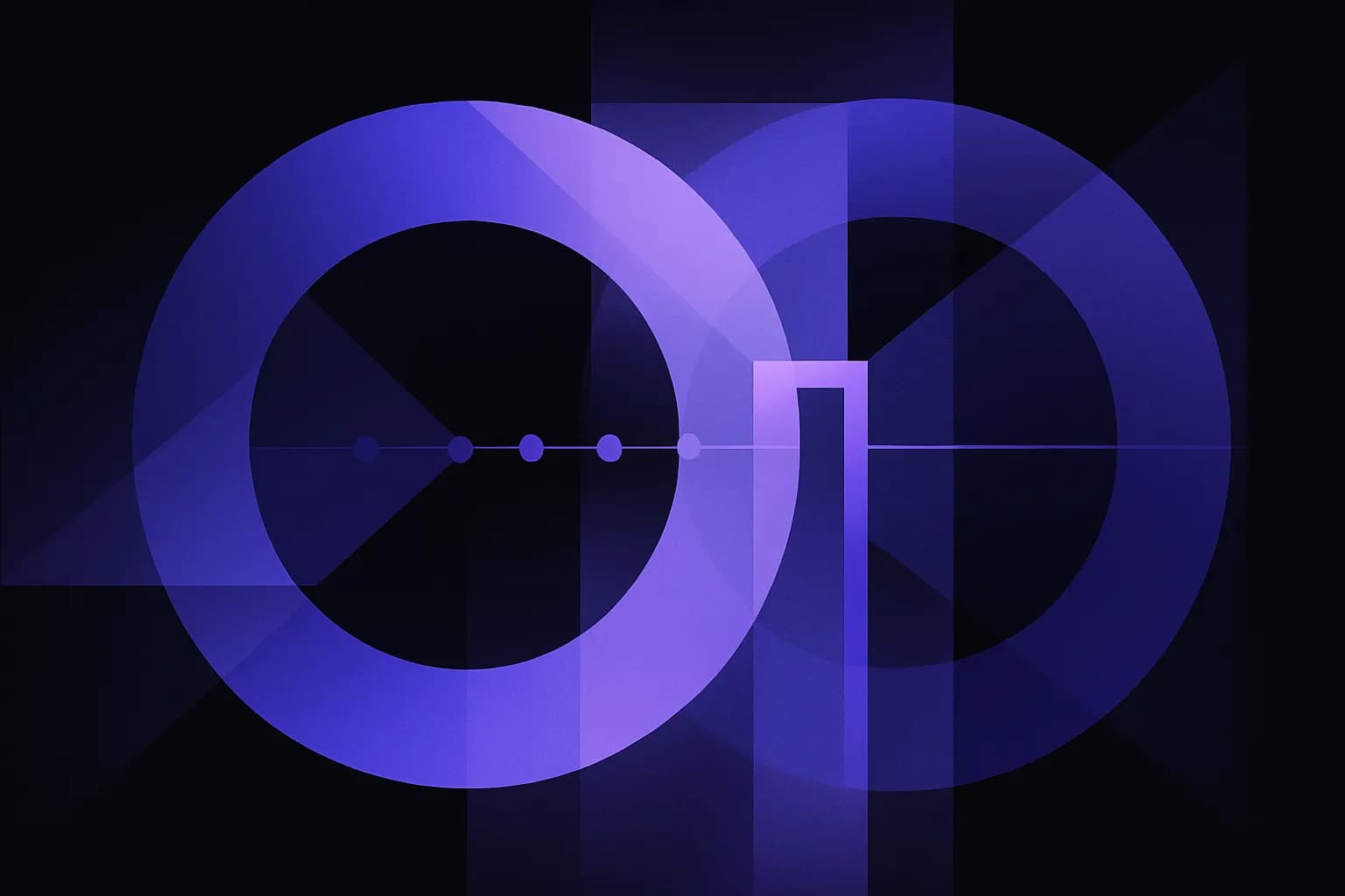 Abstract cover of two interlocking rings joined by a narrow bridge, with small nodes passing slowly across it