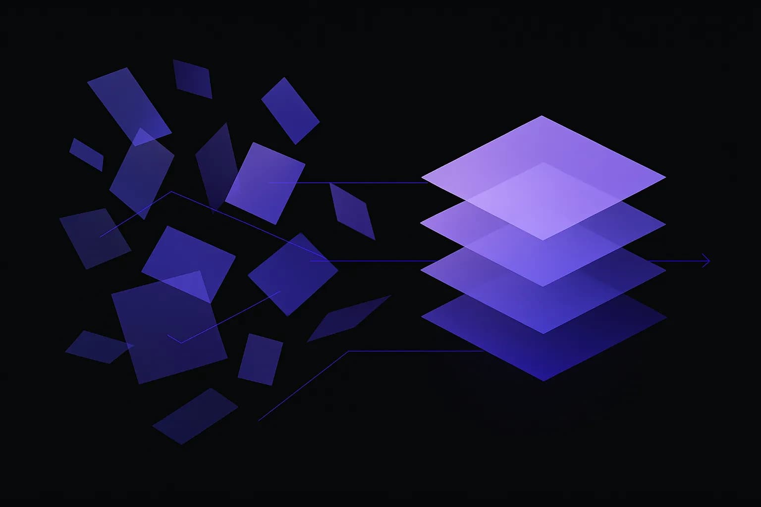 Abstract cover showing scattered fragments settling into ordered, layered blocks connected by thin lines