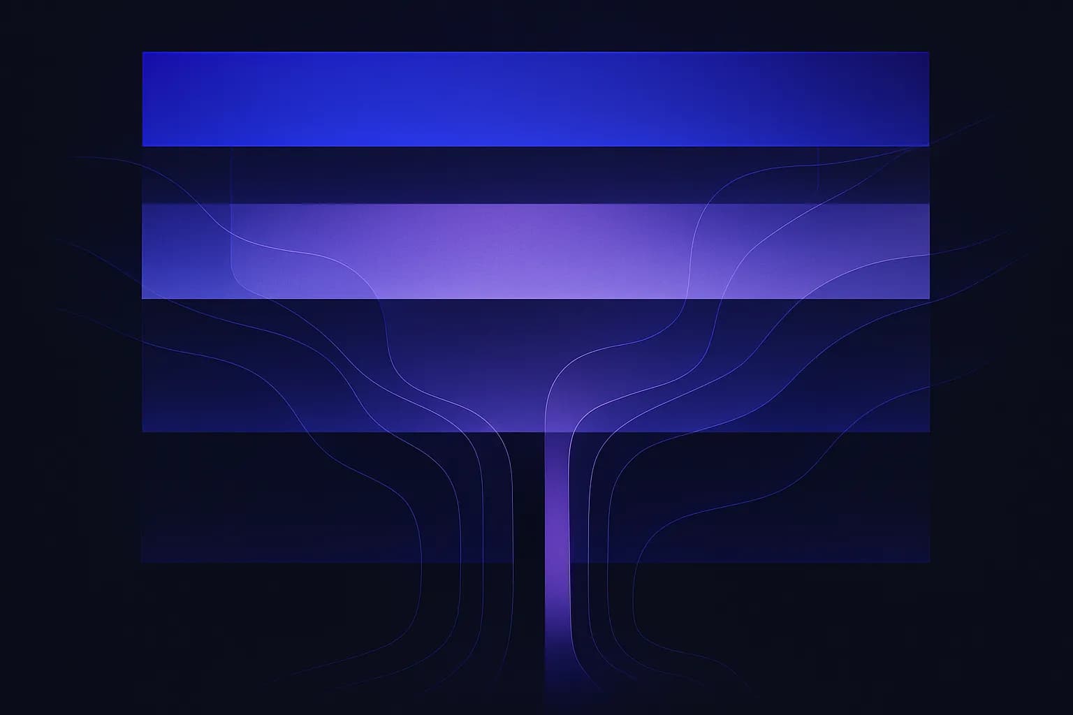 Abstract layered blocks linked by thin lines, with one gate between a reading layer and a locked ledger layer