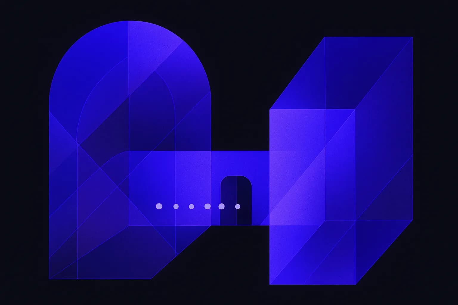 Abstract cover showing two interlocking forms joined by a narrow bridge with a gate across its middle
