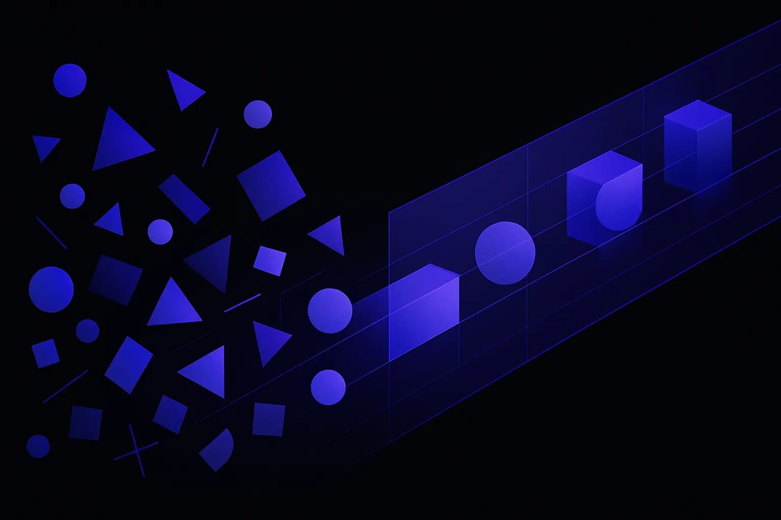 Abstract shapes moving from a loose cluster into one ordered line along a short, fixed path