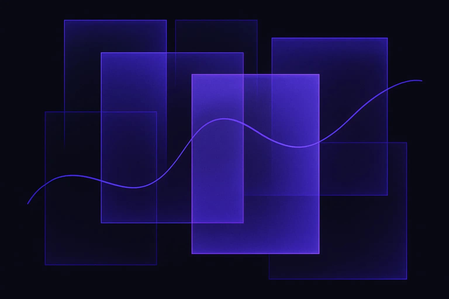 Abstract layered panels with a single flowing line passing between them, suggesting work moving across systems