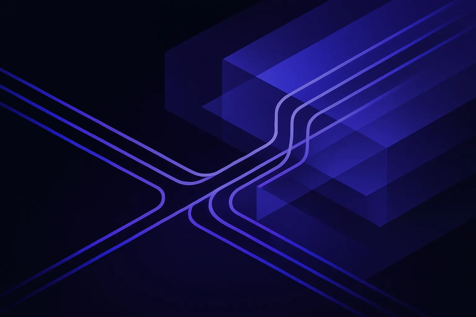 Abstract layered paths branching from a single line into separate routes that rejoin further along