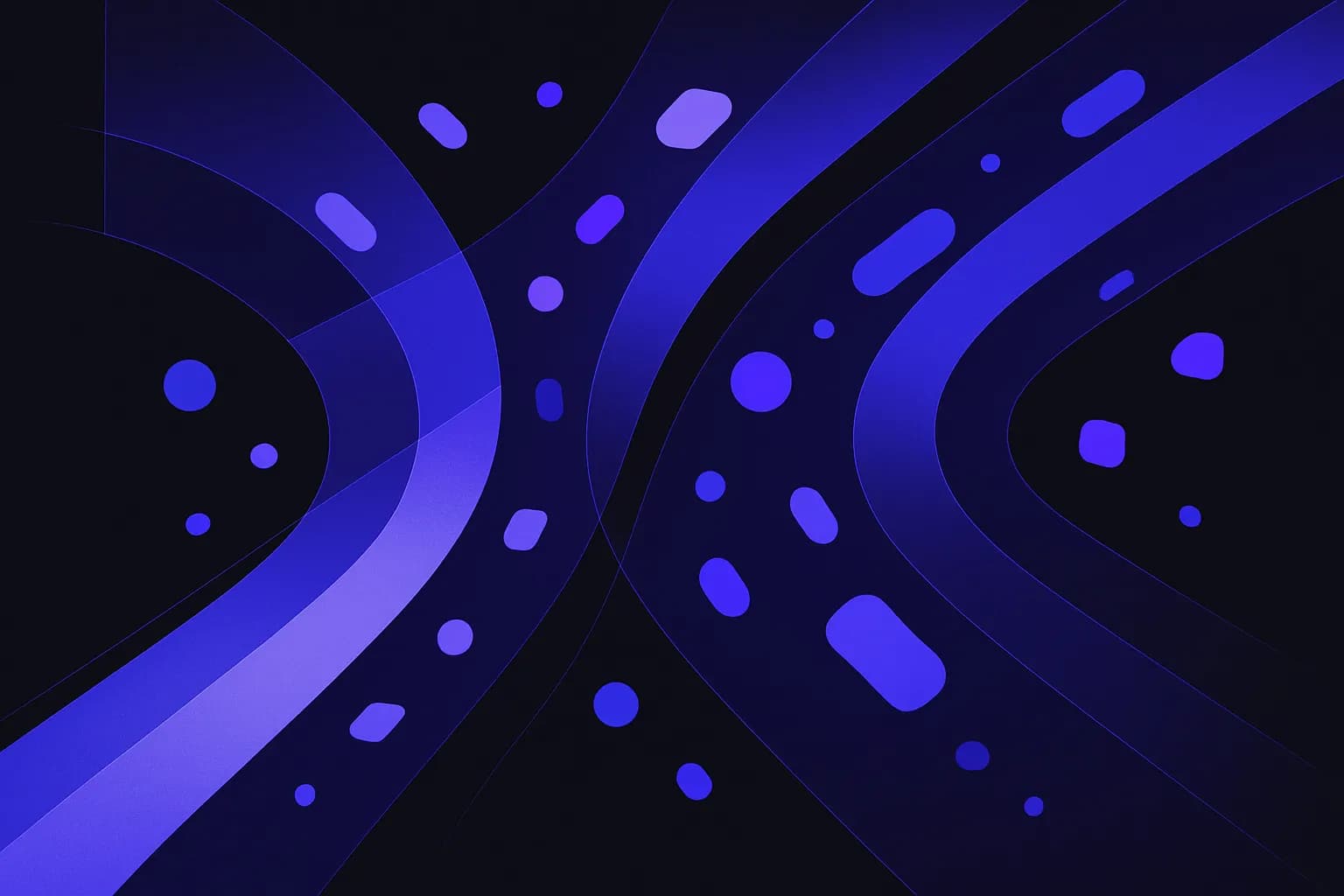 Abstract layered shapes of three sizes moving along parallel paths, suggesting tasks sorted by weight