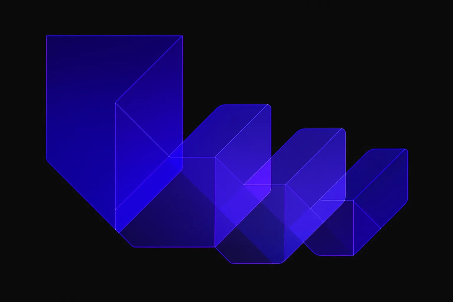Abstract cover with one central shape branching into four smaller connected shapes in a staged sequence