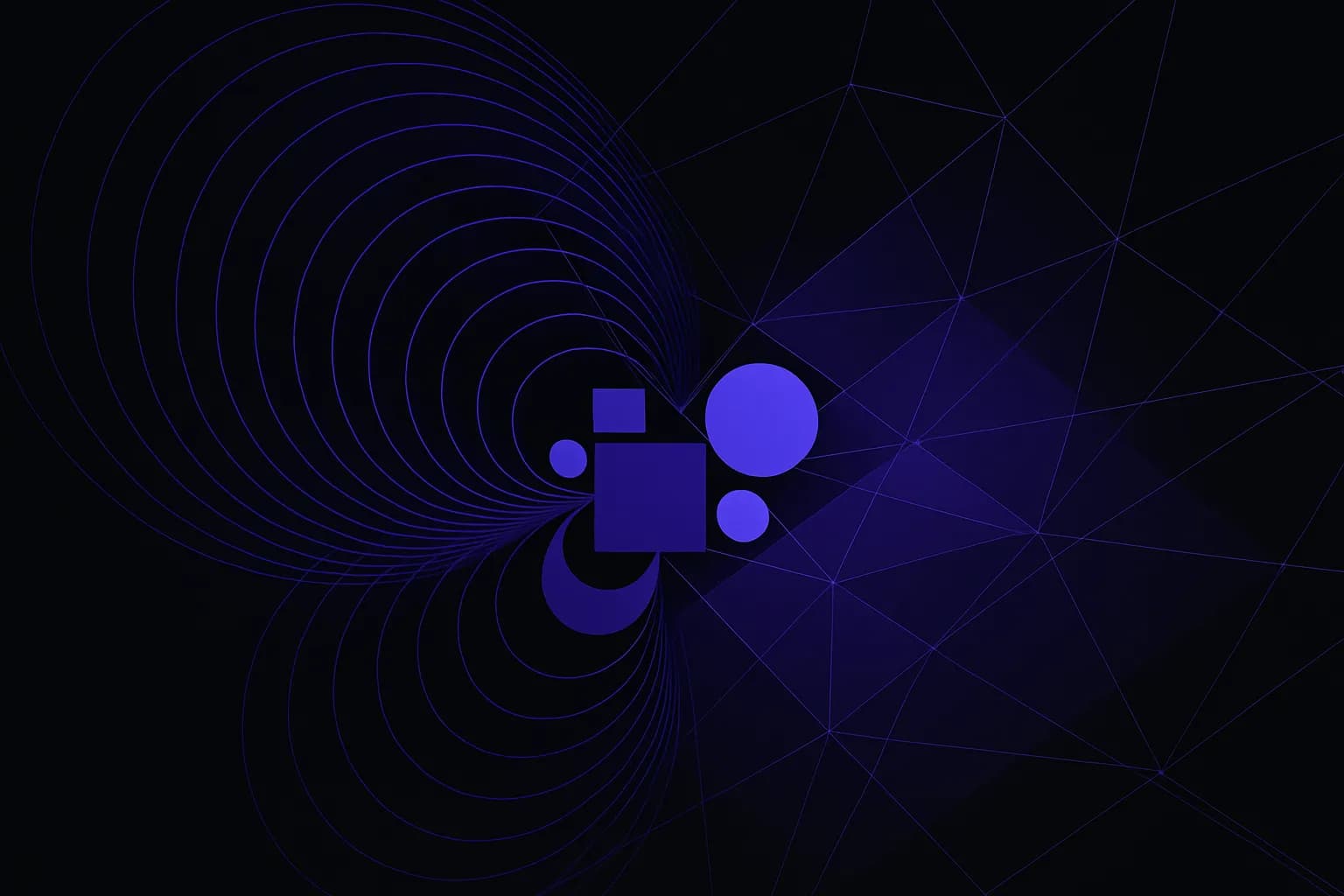 Abstract shapes moving from a small cluster outward into a wide, orderly formation linked by lines