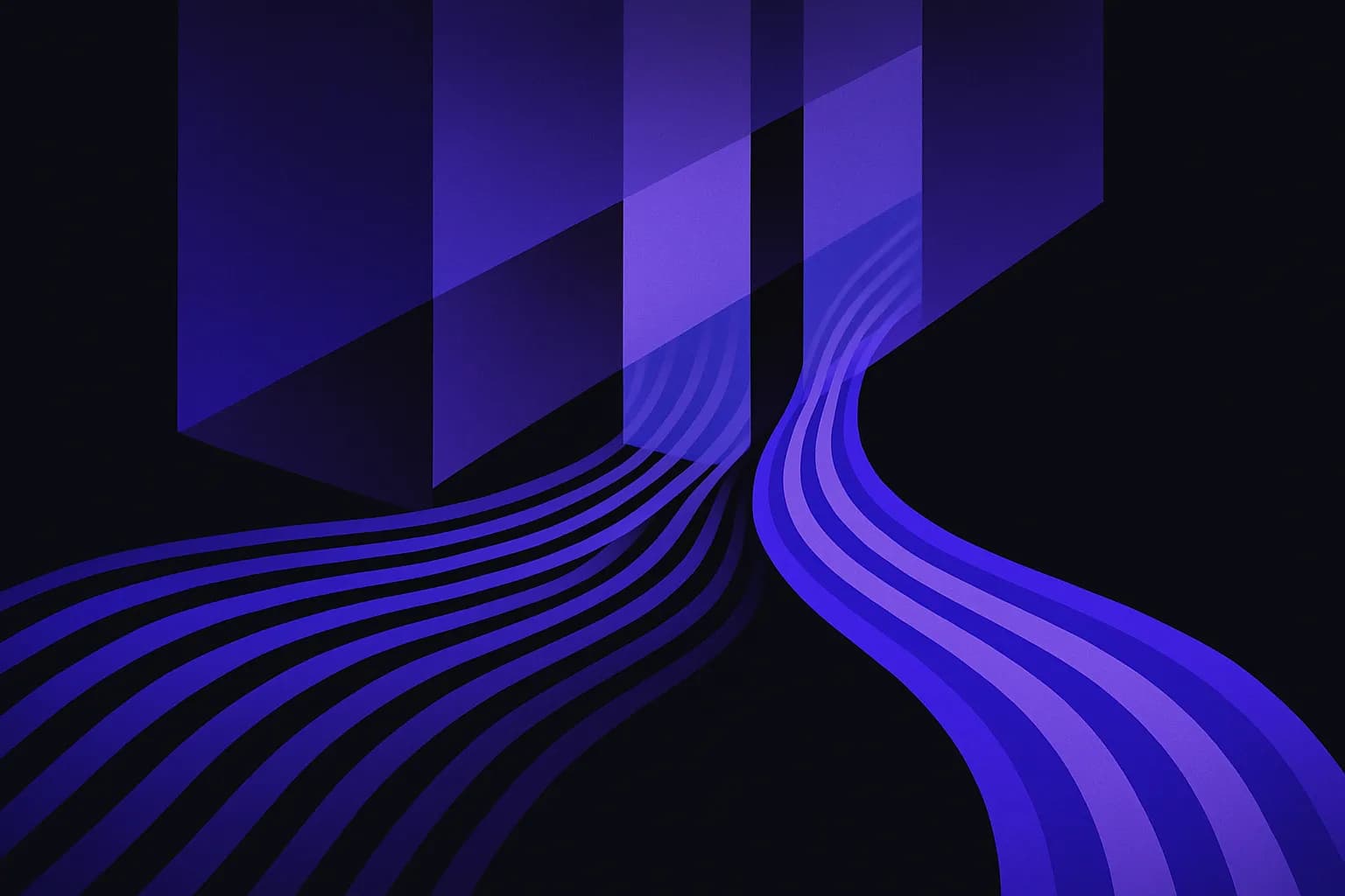 Abstract flowing lines passing through three gates, with a steady path emerging on the far side