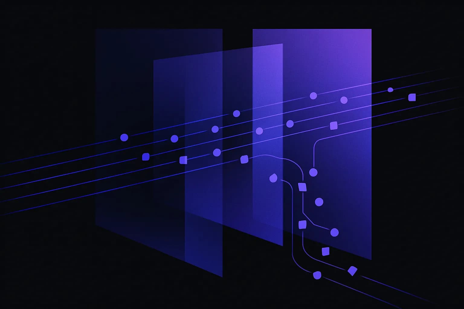 Abstract cover of many small shapes passing through a filter, with a few diverted onto a separate path