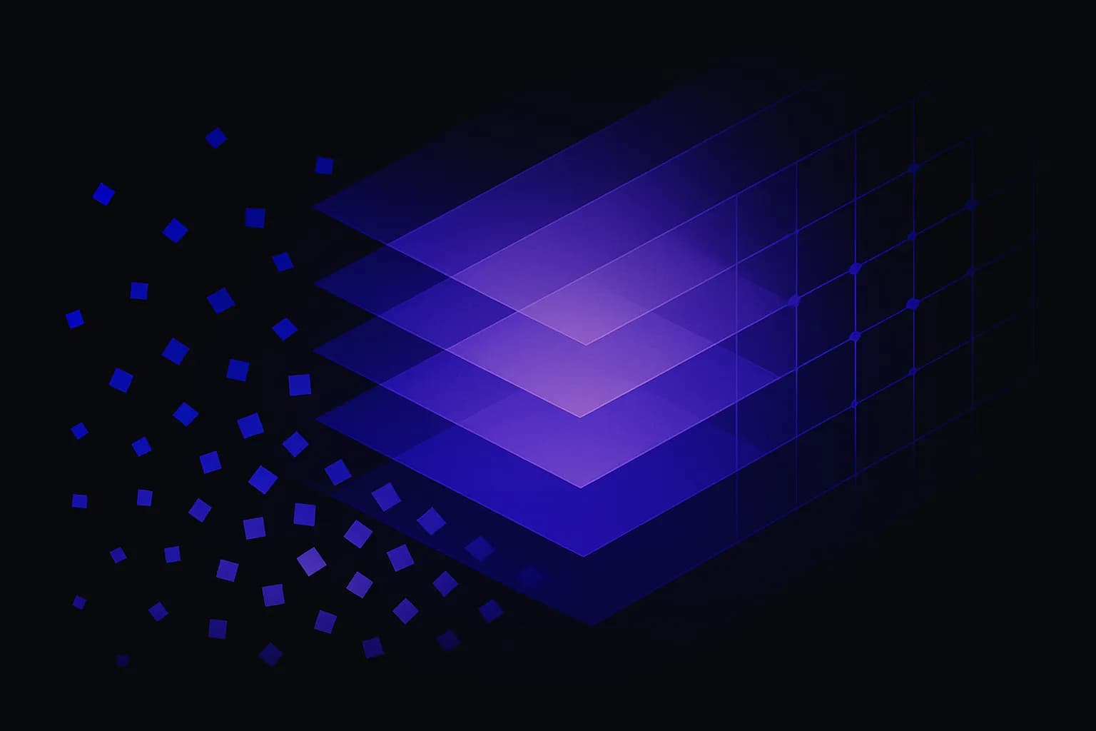 Abstract layered planes stacking into a structured grid, suggesting single prompts growing into an organised system