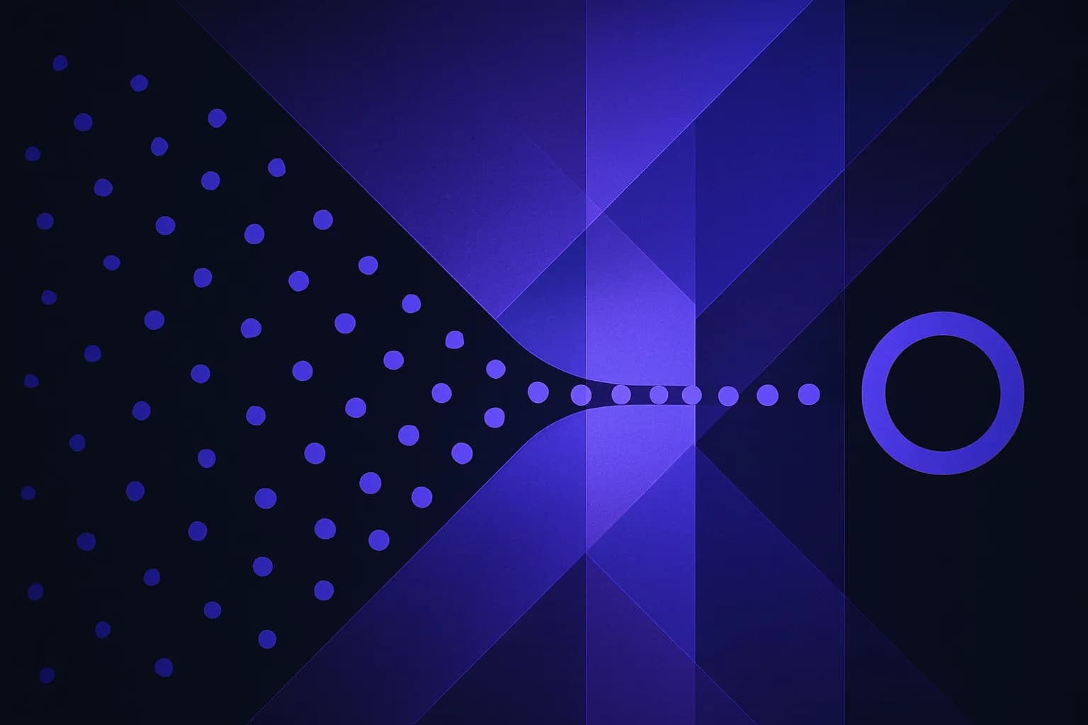 Abstract flow of rounded shapes moving from scattered points into a single ordered line that ends in a closed ring