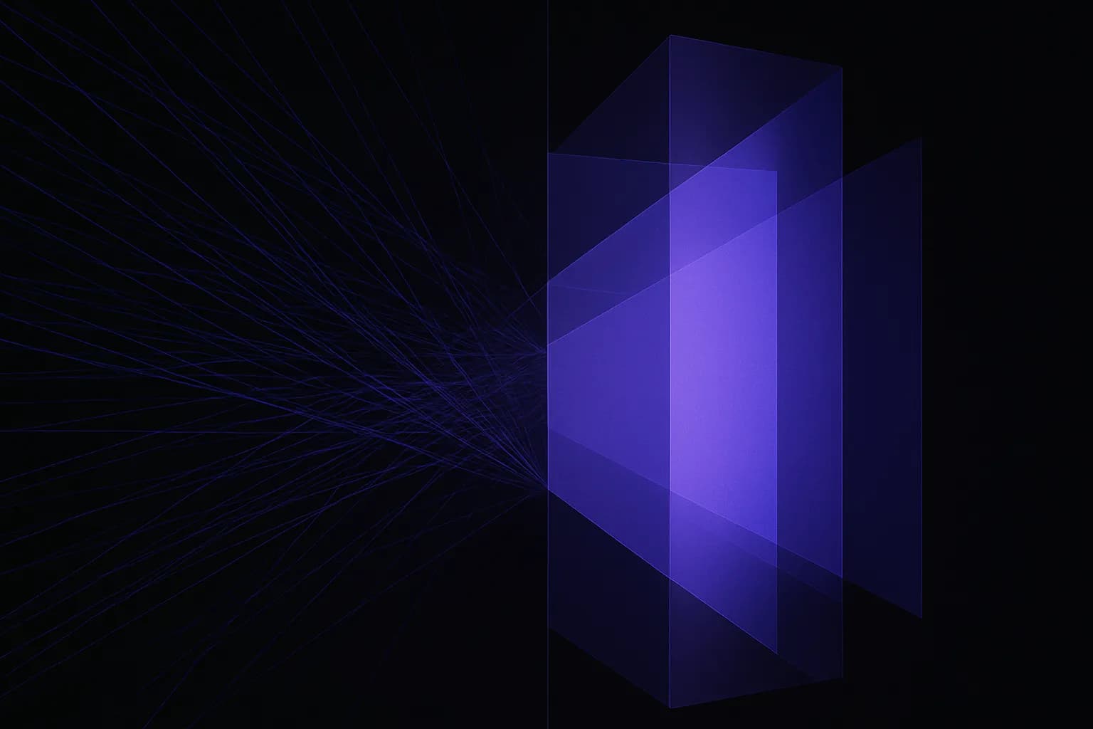 Composizione astratta di linee che convergono in un piccolo blocco ordinato, come dati filtrati in una nota breve